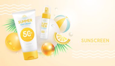 3 boyutlu küreler ve güneş kremi tüpleriyle yaz arkaplanı. Renkli bir yaz sahnesi. Vektör illüstrasyonu