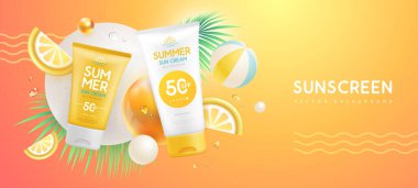 3 boyutlu küreler ve güneş kremi tüpleriyle yaz arkaplanı. Renkli bir yaz sahnesi. Vektör illüstrasyonu