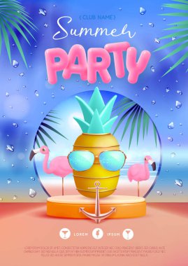 3D sahneli, ananaslı ve flamingolu yaz disko partisi posteri. Renkli yaz plajı sahnesi. Vektör illüstrasyonu