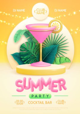 3D sahnesi, tropik yaprakları ve kozmopolit kokteyli olan bir yaz disko partisi posteri. Renkli yaz plajı sahnesi. Vektör illüstrasyonu