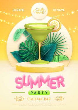 3D sahnesi, tropik yaprakları ve margarita kokteyli olan yaz disko partisi posteri. Renkli yaz plajı sahnesi. Vektör illüstrasyonu