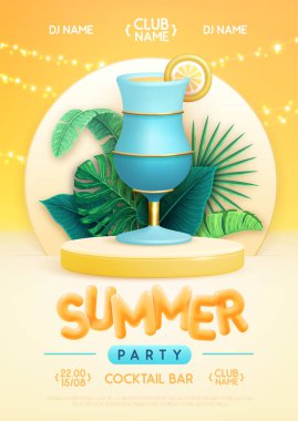 3D sahneli yaz disko partisi posteri, tropik yapraklar ve mavi lagün kokteyli. Renkli yaz plajı sahnesi. Vektör illüstrasyonu