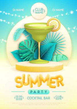 3D sahnesi, tropik yaprakları ve margarita kokteyli olan yaz disko partisi posteri. Renkli yaz plajı sahnesi. Vektör illüstrasyonu