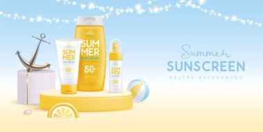 Yaz arkaplanı 3D podyum ve dilimlenmiş limon veya portakallı güneş kremleri. Renkli bir yaz sahnesi. Vektör illüstrasyonu