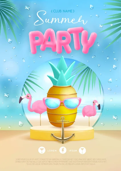 Summer Disco Party Poster Stage Pineapple Flamingo Colorful Summer Beach — Stock Vector