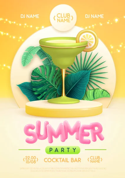 Sommerdisco Party Poster Mit Bühne Tropischen Blättern Und Margarita Cocktail — Stockvektor