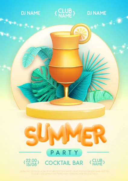 3D sahneli yaz disko partisi posteri, tropik yapraklar ve tekila kokteyli. Renkli yaz plajı sahnesi. Vektör illüstrasyonu