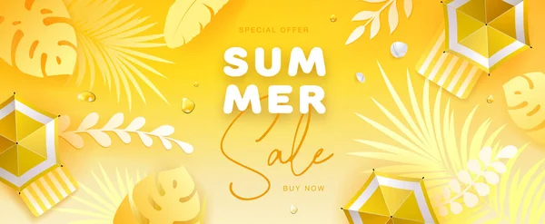 Draufsicht Sommer Großer Verkauf Tropischen Banner Mit Tropischen Blättern Und — Stockvektor