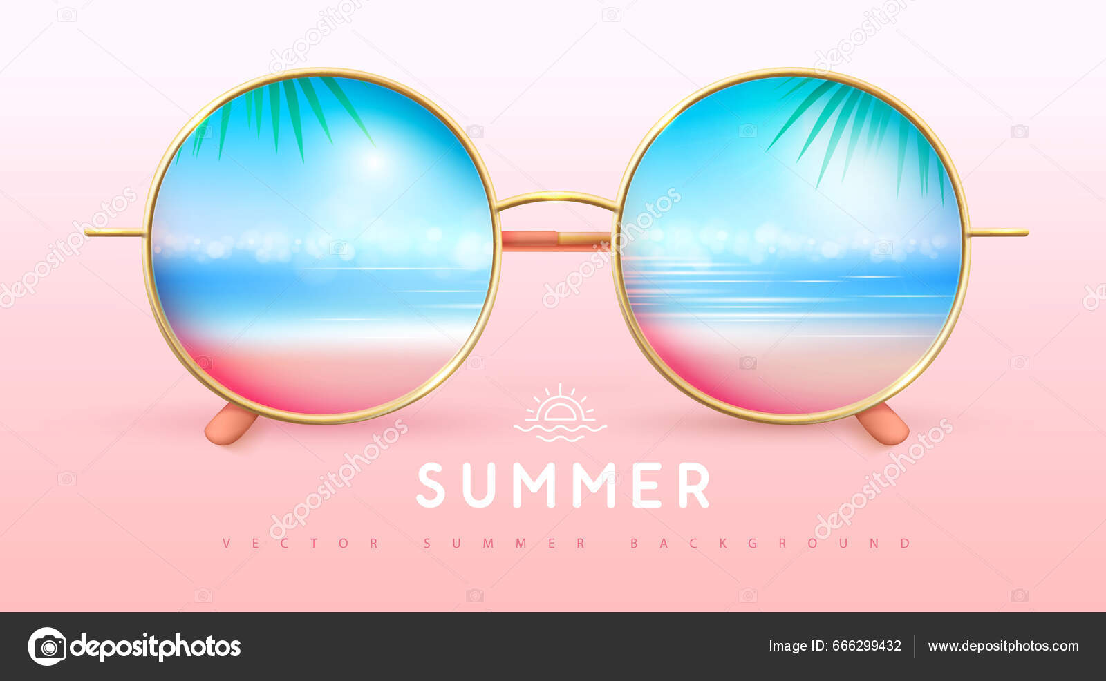 现实的圆形夏季太阳镜背景为热带海洋景观镜片夏天的背景矢量说明图库矢量图©annbozshko 666299432, image size:1600x986