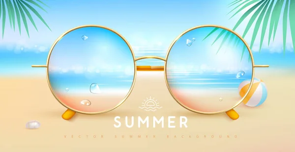 Realistické Kulaté Letní Sluneční Brýle Tropickým Oceánem Krajiny Čočkách Letní — Stockový vektor