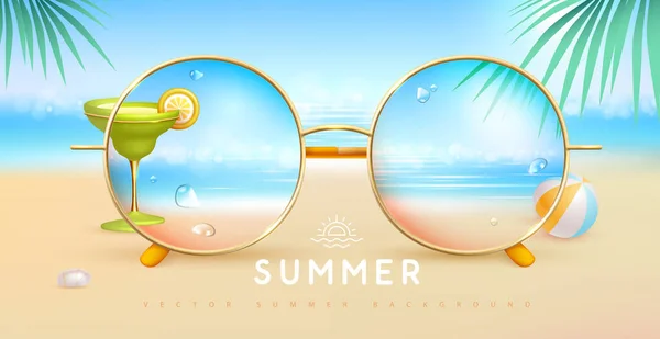 Realistische Runde Sommersonnenbrille Mit Tropischer Meereslandschaft Und Cocktail Den Gläsern — Stockvektor