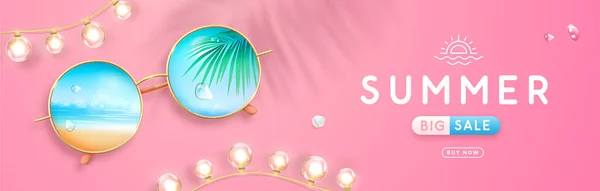 Realistic Shaped Summer Sunglasses Tropic Ocean Landscape Background Lenses Summer — Stock Vector