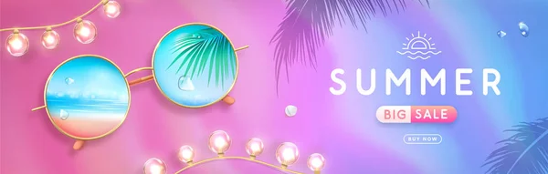 Realistische Runde Sommersonnenbrille Mit Tropischer Meereslandschaft Hintergrund Großes Sommerschlussverkauf Banner — Stockvektor
