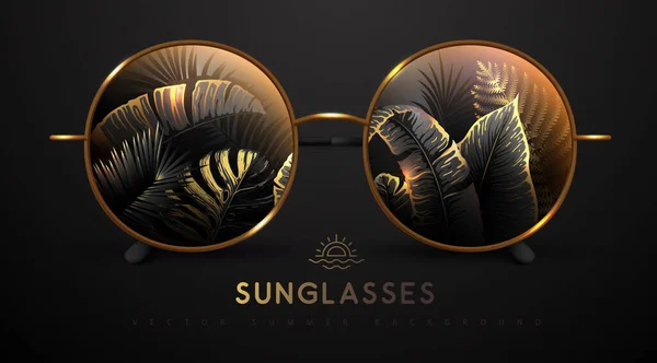 Realistische Runde Sommersonnenbrille Mit Fluoreszierenden Tropenblättern Gläsern Sommer Hintergrund Naturkonzept — Stockvektor
