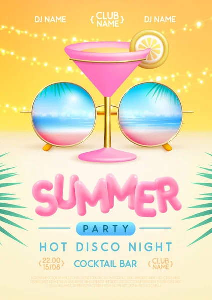 Sommar Disco Fest Affisch Med Runda Formade Solglasögon Tropiska Havet — Stock vektor