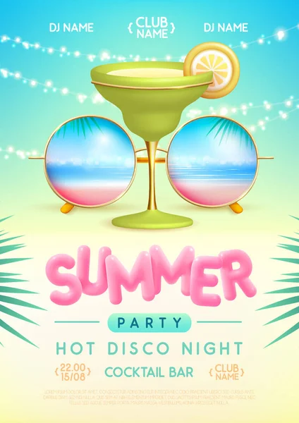 Sommerdisco Party Poster Mit Runden Sonnenbrillen Tropischer Meereslandschaft Und Cocktail — Stockvektor