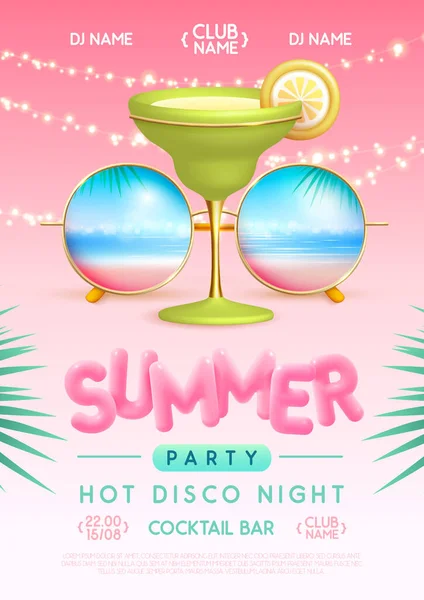 Sommar Disco Fest Affisch Med Runda Formade Solglasögon Tropiska Havet — Stock vektor
