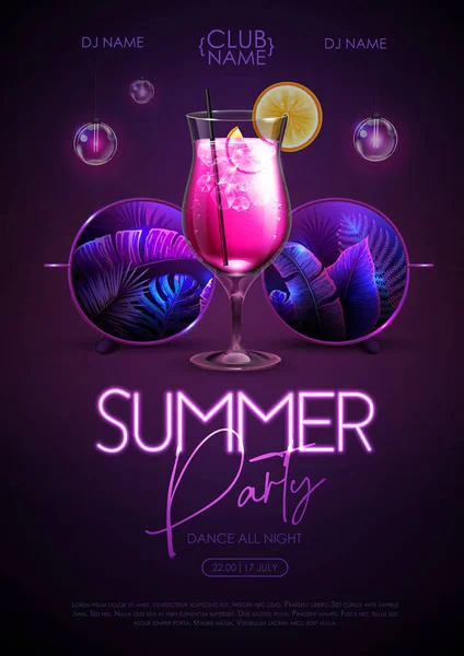夏季迪斯科派对海报与圆形太阳镜 荧光热带叶和鸡尾酒 矢量说明 — 图库矢量图片