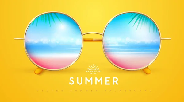 Realistische Runde Sommersonnenbrille Mit Tropischer Meereslandschaft Hintergrund Sommer Hintergrund Vektorillustration — Stockvektor