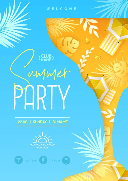 Summer Disco Cocktail Party Poster Tropic Leaves Beach Umbrella Summertime — Stock Vector