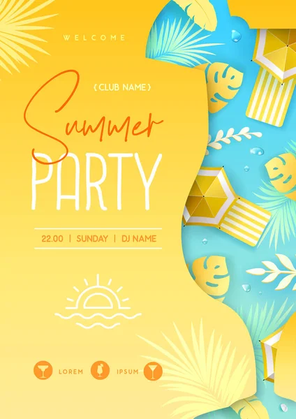 Zomer Disco Cocktail Party Poster Met Tropisch Blad Strand Paraplu — Stockvector