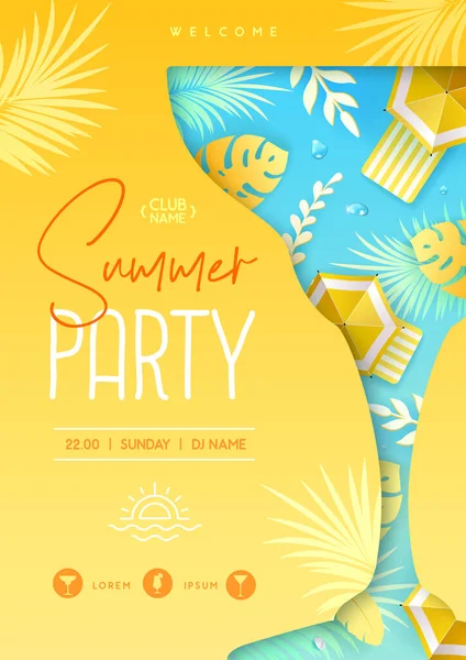 Summer Disco Cocktail Party Poster Tropic Leaves Beach Umbrella Summertime — Stock Vector