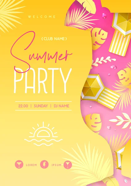 Poster Estivo Cocktail Disco Party Con Foglie Tropicali Ombrellone Esperienza — Vettoriale Stock