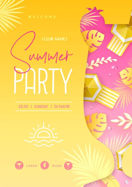 Sommar Disco Cocktail Party Affisch Med Tropiska Blad Och Strand — Stock vektor