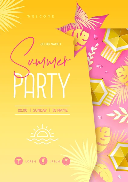 Zomer Disco Cocktail Party Poster Met Tropisch Blad Strand Paraplu — Stockvector