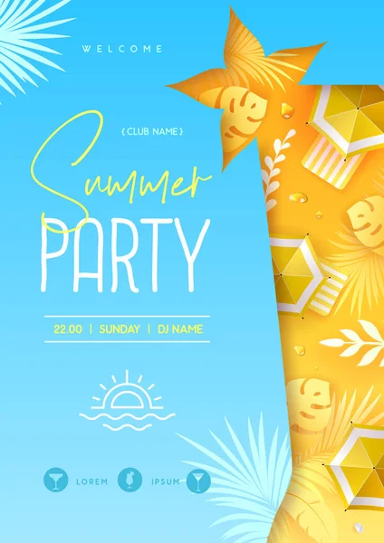 Sommerdisco Cocktail Party Poster Mit Tropischen Blättern Und Sonnenschirm Sommerzeit — Stockvektor