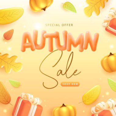 3D plastik hediye kutusu, balkabağı ve düşen yapraklarla dolu sonbahar büyük indirim posteri. Vektör illüstrasyonu