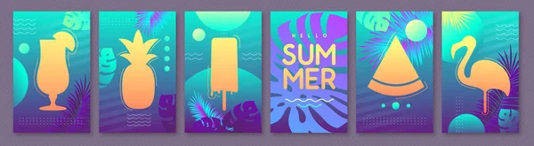 Conjunto Cartazes Fluorescentes Verão Com Silhueta Ilustração Vetorial — Vetor de Stock
