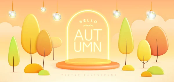 Hello Autumn Background Plastic Stage Landscape Trees Clouds Vector Illustration — Stock Vector