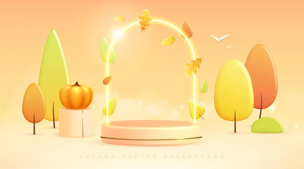 Hallo Herbst Hintergrund Mit Kunststoffbühne Und Landschaft Mit Bäumen Und — Stockvektor