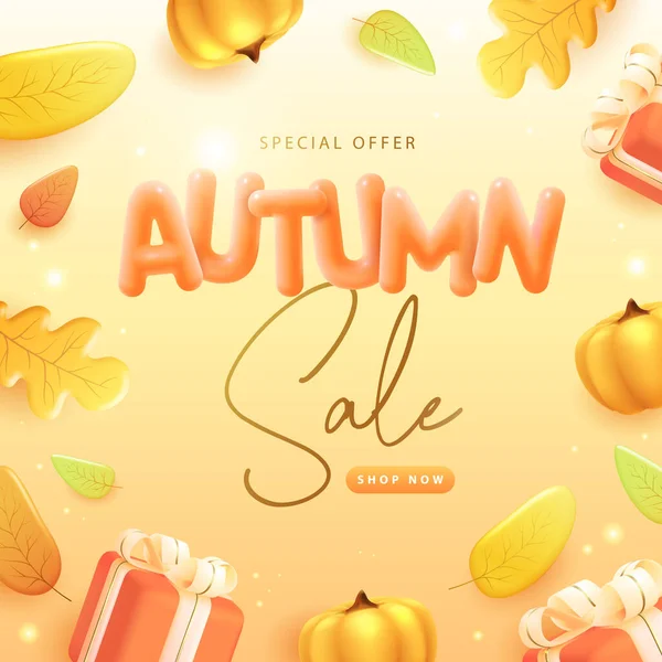 stock vector Autumn big sale poster with 3D plastic gift box, pumpkin and falling leaves. Vector illustration