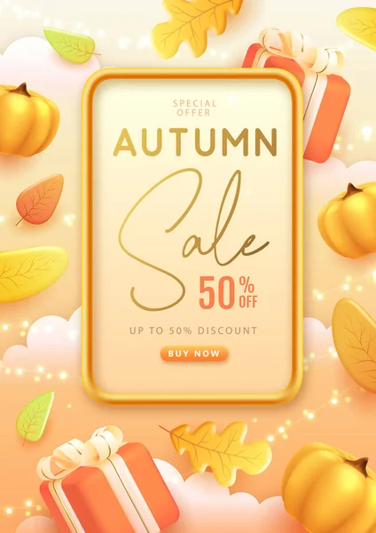 Autumn Big Sale Poster Plastic Gift Box Pumpkin Falling Leaves — Stock Vector