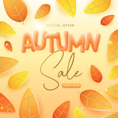 Üç boyutlu portakal rengi sonbahar yapraklı sonbahar büyük indirim posteri. Sonbahar mevsimsel arka planı. Vektör illüstrasyonu