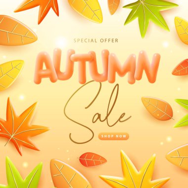 Üç boyutlu portakal rengi sonbahar yapraklı sonbahar büyük indirim posteri. Sonbahar mevsimsel arka planı. Vektör illüstrasyonu