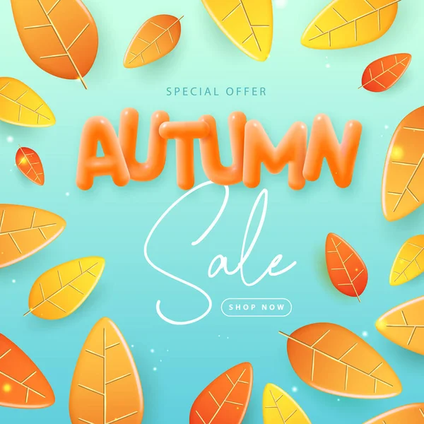 stock vector Autumn big sale poster with 3D orange falling autumn leaves. Autumn seasonal background. Vector illustration