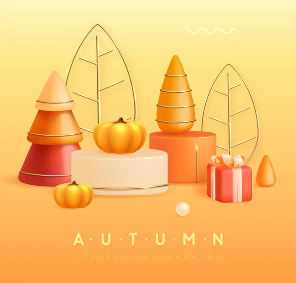 Autumn Seasonal Background Plastic Podium Gift Box Pumpkins Showcase Design — Stock Vector
