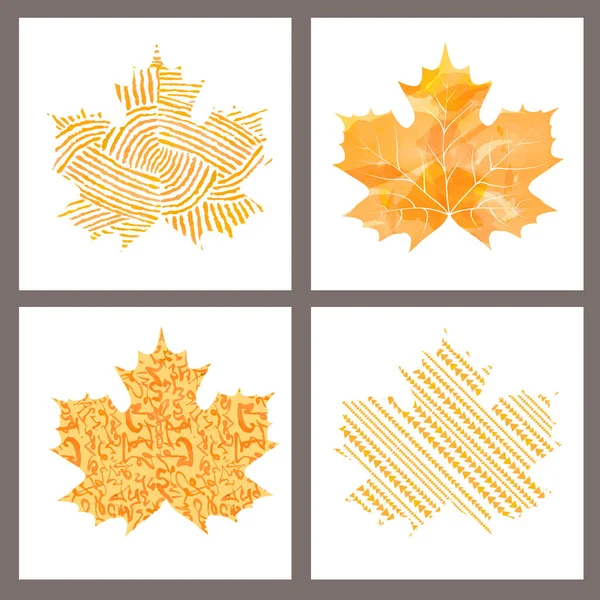 Set Artistic Watercolor Orange Autumn Maple Leaves Greeting Card Vector — Stock Vector