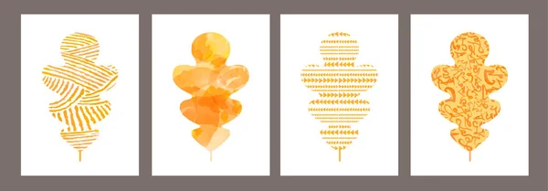 Sada Uměleckých Akvarelů Oranžové Podzimní Dub Listy Pozdrav Vektorová Ilustrace — Stockový vektor