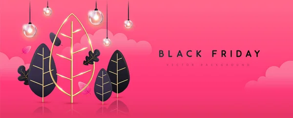 Черная Пятница Большой Рекламный Плакат Пластиковые Листья Электрические Лампы Розовом — стоковый вектор