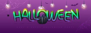 Cadılar Bayramı arkaplanı 3 boyutlu kromik harfler, balkabağı ve elektrik lambaları. Vektör illüstrasyonu