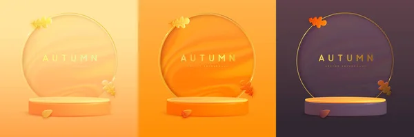 一套秋季背景与3D讲台 秋天落叶和黄金豪华拱门 矢量说明 — 图库矢量图片