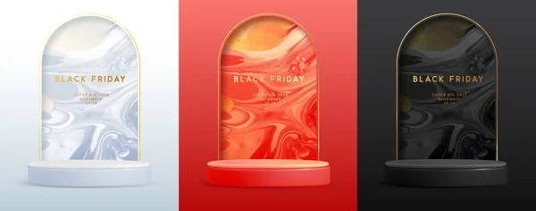 3D表彰台 大理石テクスチャ 金のアーチを備えたブラックフライデーショーケースの背景のセット ベクトルイラスト — ストックベクタ
