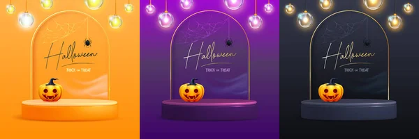 Conjunto Fondos Escaparate Halloween Con Podio Calabaza Halloween Luces Eléctricas — Archivo Imágenes Vectoriales