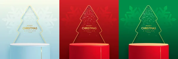 3D表彰台とクリスマスツリーがシルエットをカットした休日のクリスマスショーケースの背景のセット ベクトルイラスト — ストックベクタ