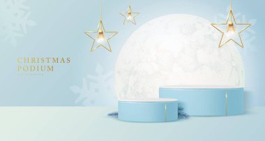 Üç boyutlu podyumları, dolunayı ve elektrik lambaları olan Noel gösterisi beyaz arka planı. Soyut asgari sahne. Vektör illüstrasyonu