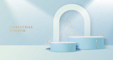 Üç boyutlu podyumları ve kemeri olan Noel gösterisi gümüş arka planı. Soyut asgari sahne. Vektör illüstrasyonu